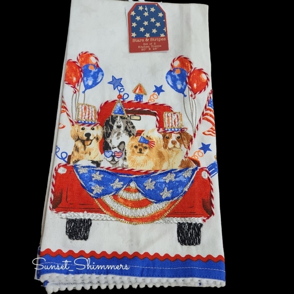 2pc Patriotic Dogs Red Truck July 4th Kitchen Tea Towel Set Stars & Stripes NEW